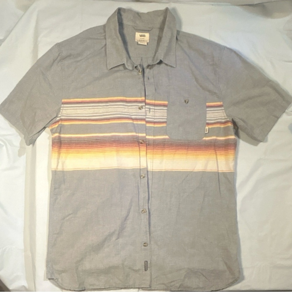 VANS Men's XL Striped Button-Up Shirt Blue Tailored Fit Short Sleeve Casual